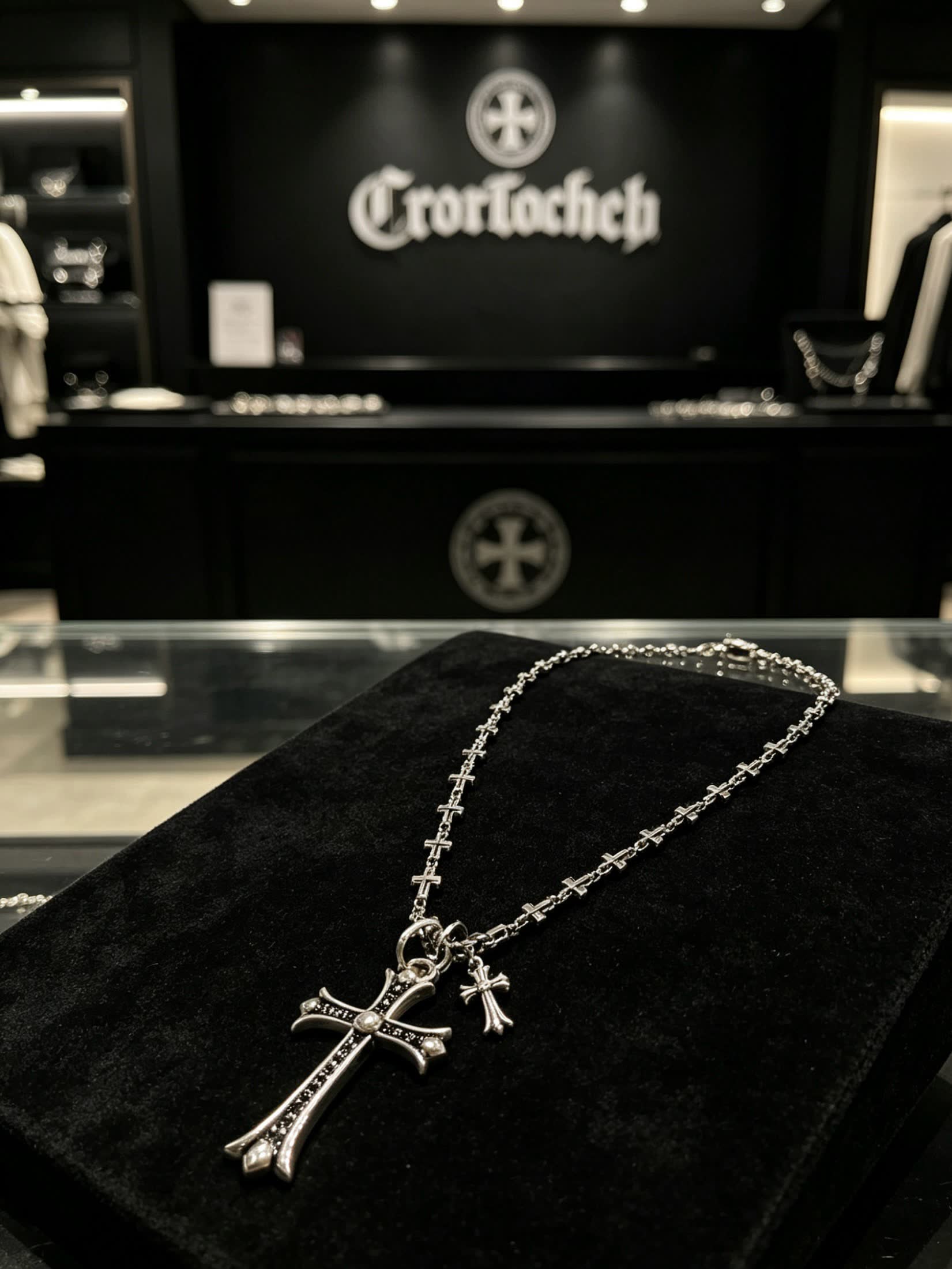 Chrome Hearts Silver Cross Necklace with Black Inlay